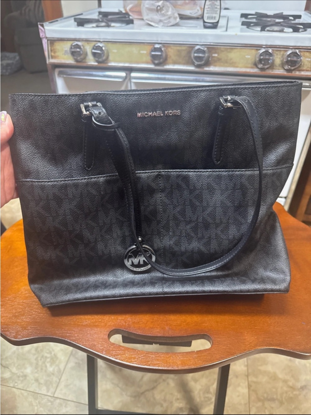Michael Kors Black MK Logo Tote with Pendant Charm